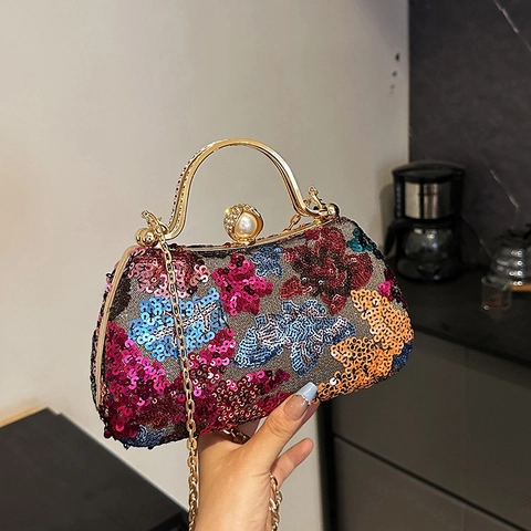Vintage Colorful Sequin Evening Bag For Women Floral Party Handbag With Metal Handle And Artificial Pearl Buckle Crossbody Clutch