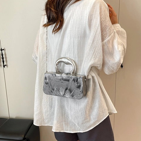 Borsa Box In Acrilico Da Donna Texture Marmo Pochette In Resina Manico In Metallo Borsa Da Sera Con Tracolla A Catena Chic Moderno