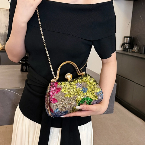 Vintage Colorful Sequin Evening Bag For Women Floral Party Handbag With Metal Handle And Artificial Pearl Buckle Crossbody Clutch