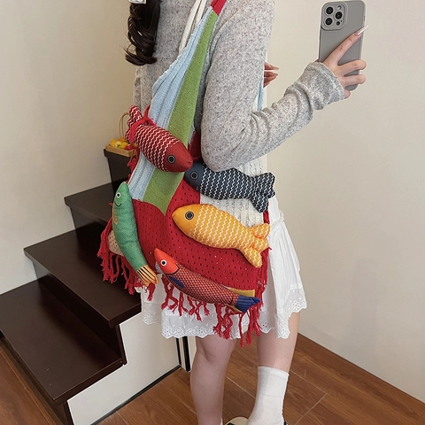 Borsa A Spalla In Maglia Da Donna Con Decorazioni Pesci 3D Colorati Nappine Grande Capacità Patchwork Casual A Mano