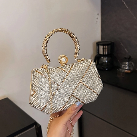 Pochette Da Sera Di Lusso Strass Künstliche Perle Sintetiche Borsa A Mano Manico In Metallo Catena Geometrico Retrò Guscio Rigido