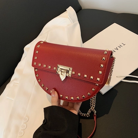 Borsa A Sella Con Borchie Da Donna Pelle PU Motivo Litchi Tracolla Catena Metallo Moda Stile Coreano