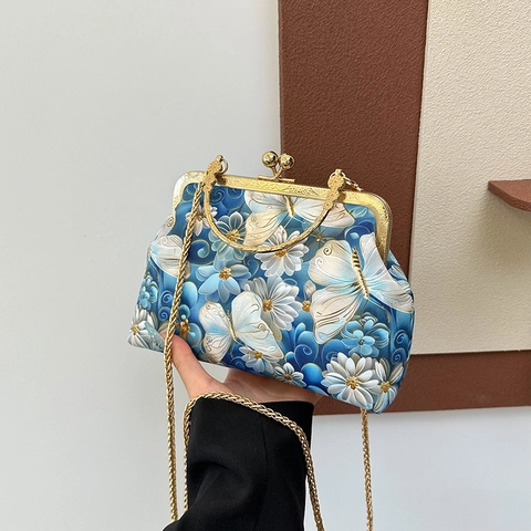 Sac Coquille À Motifs Papillons Textile Style Chinois Vintage Sac À Main Avec Chaîne En Métal Bandoulière Pour Femme Élégant