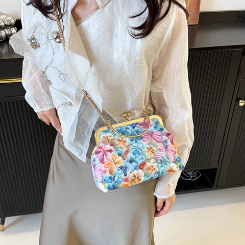Sac Coquille À Motifs Papillons Textile Style Chinois Vintage Sac À Main Avec Chaîne En Métal Bandoulière Pour Femme Élégant