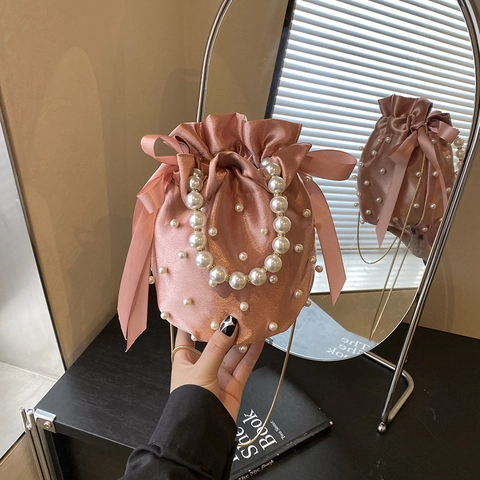 Elegant Satin Bucket Bag For Women With Faux Artificial Pearl Handle Bow Ribbon Pleated Drawstring Closure Crossbody Chain Strap