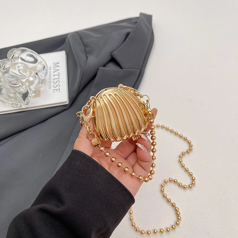 Mini Muschel Tasche Metall Umhängetasche Mit Kugelkette Retro Clamshell Lippenstift Kopfhörer Etui Für Damen