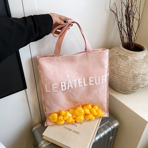 Japanese Style Cute Duck Doll Decor Transparent PVC Canvas Tote Bag Large Capacity Jelly Bucket Shoulder Bag For Women