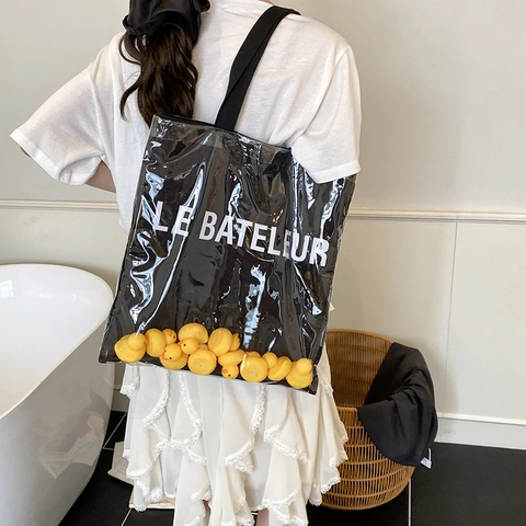 Japanese Style Cute Duck Doll Decor Transparent PVC Canvas Tote Bag Large Capacity Jelly Bucket Shoulder Bag For Women