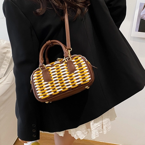Bolso De Mano Tejido De Moda Color En Contraste Bolso Boston Gran Capacidad Cuero PU Bolso De Hombro Para Mujeres