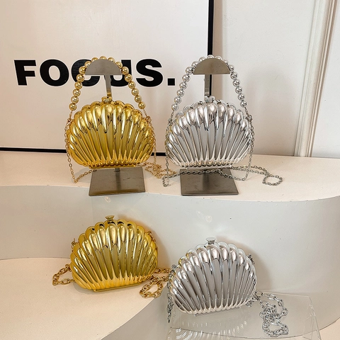 Sac de Soirée en Forme de Coquillage en Acrylique Design de Niche Femme Or Argent Métallisé avec Chaîne pour Fête Mariage