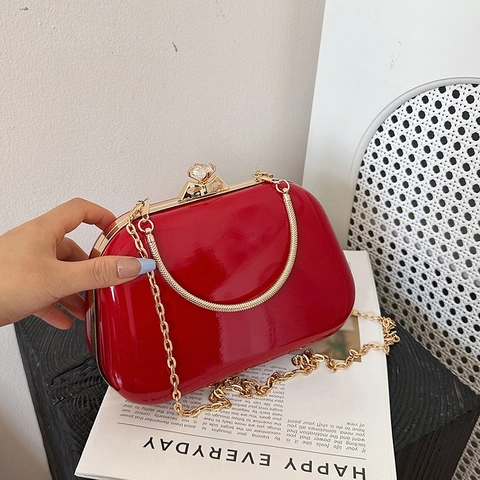 Abendtasche Für Damen Elegante Hartschalen Box Clutch Mit Metallgriff Straßschnalle Spiegel PU Leder Kettengurt