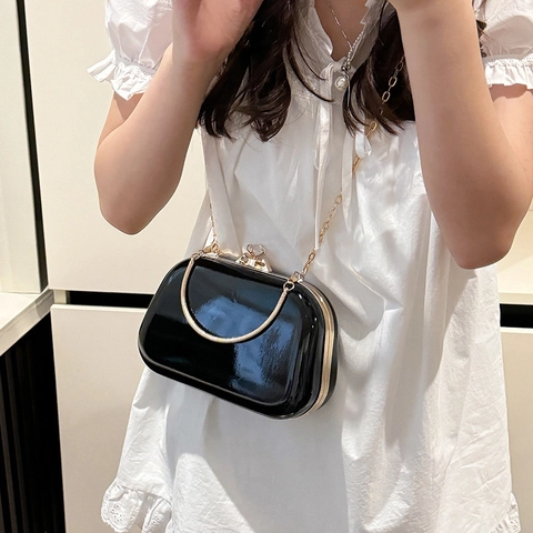 Abendtasche Für Damen Elegante Hartschalen Box Clutch Mit Metallgriff Straßschnalle Spiegel PU Leder Kettengurt