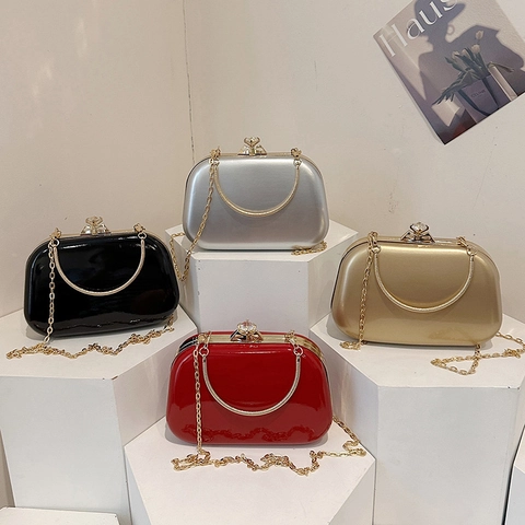 Dames Avondtas Spiegel PU Harde Schaal Clutch Met Strass Sluiting Metalen Handvat Afneembare Kettingriem Elegante Party Handtas