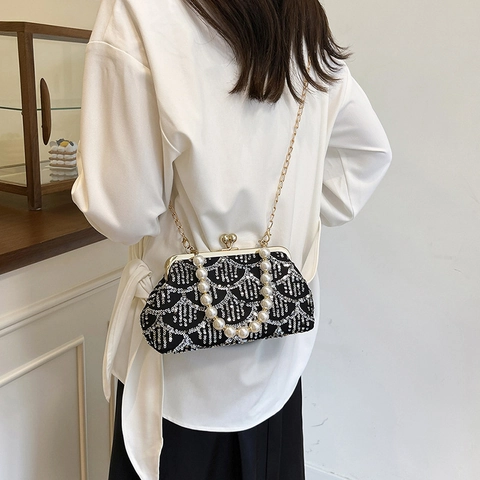 Sequin Evening Clutch Bag With Faux Artificial Pearl Handle Detachable Metal Chain Kiss Lock Shell Shaped Handbag Women Party
