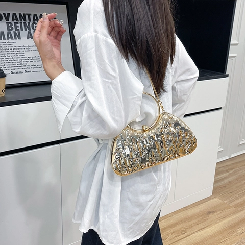Dames Metallic Avondtas Acryl Box Clutch Met Rond Metalen Handvat Afneembare Kettingriem Voor Feest Bruiloft