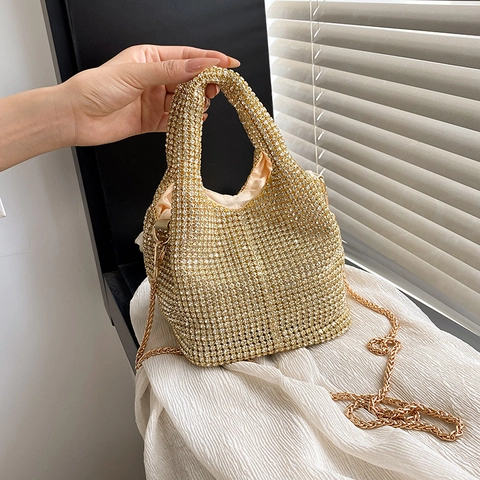 Rhinestone Bucket Bag Shimmering Handbag With Chain Strap For Evening Party Wedding Crossbody Fashion Accessory