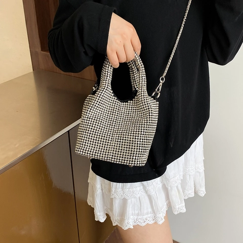 Rhinestone Bucket Bag Shimmering Handbag With Chain Strap For Evening Party Wedding Crossbody Fashion Accessory