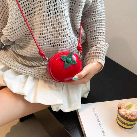 Mini Borsa A Tracolla A Forma Di Mela Pomodoro Pelle PU Lucida Borsa A Spalla Rotonda Con Foglia Verde Per Donne Ragazze