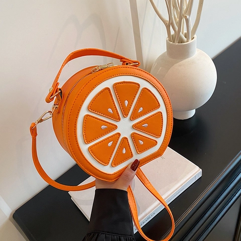 Fruit Pattern Round Crossbody Bag Cute Lemon Orange Design PU Leather Shoulder Handbag For Women Casual Fashion Small