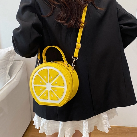Fruit Pattern Round Crossbody Bag Cute Lemon Orange Design PU Leather Shoulder Handbag For Women Casual Fashion Small