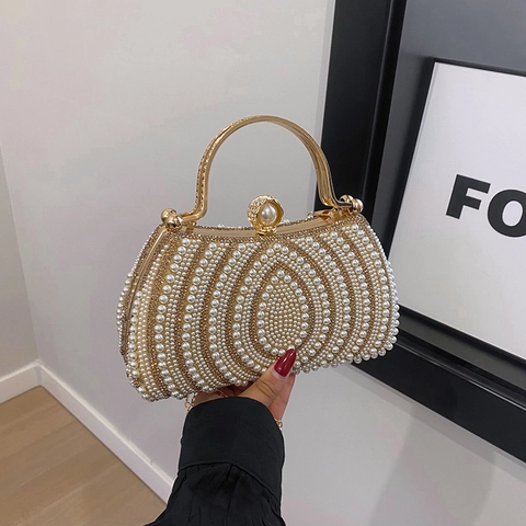 Artificial Pearl Evening Clutch Bag Metallgriff Strass Elegant Retro Formelle Hochzeit Party Handtasche Mit Abnehmbarer Kette