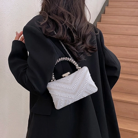 Artificial Pearl Evening Clutch Bag Metallgriff Strass Elegant Retro Formelle Hochzeit Party Handtasche Mit Abnehmbarer Kette