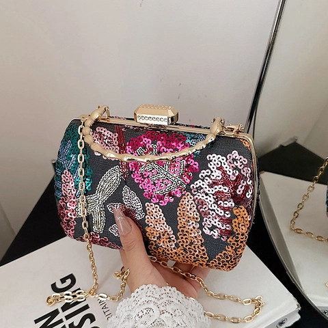 Sac De Soirée Broderie Paillettes Pochette Luxueuse Florale Avec Poignée En Bambou Doré Bandoulière Chaîne Amovible Party