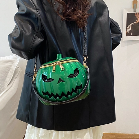 Halloween Pumpkin Crossbody Bag Glossy PU Leather Round Shoulder Handbag Jack-O-Lantern Face Novelty Party Purse Women