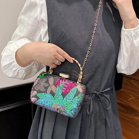 Sac De Soirée Broderie Paillettes Pochette Luxueuse Florale Avec Poignée En Bambou Doré Bandoulière Chaîne Amovible Party