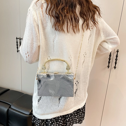 Elegante Borsa Da Sera In Acrilico Con Motivo Marmorizzato E Manico In Metallo Dorato Con Catena Lunga Per Donna Borsa Retro