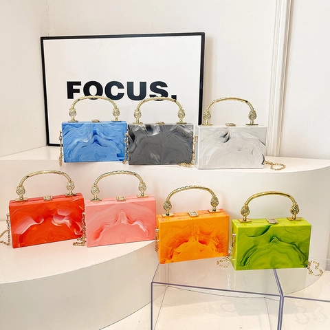 Marble Pattern Acrylic Box Clutch Bag With Gold Metal Handle And Chain Strap Vintage Evening Crossbody Bag For Women Party