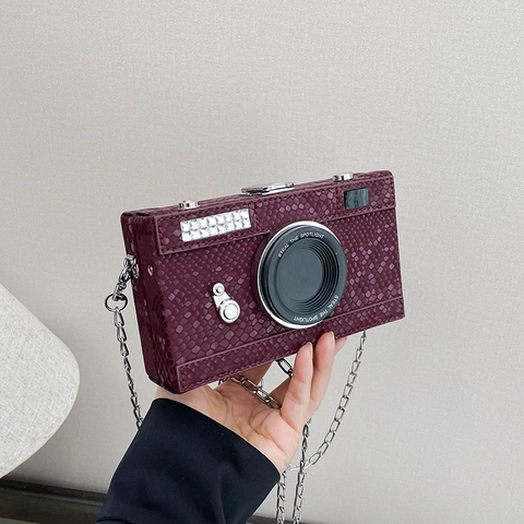 Camera Shaped Crossbody Bag Snakeskin PU Leather Metal Chain Shoulder Box Handbag Novelty Rhinestone For Women