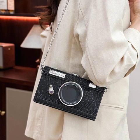 Camera Shaped Crossbody Bag Snakeskin PU Leather Metal Chain Shoulder Box Handbag Novelty Rhinestone For Women