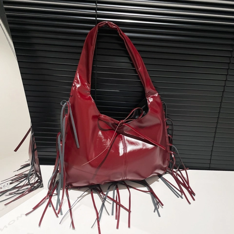 Women PU Leather Hobo Bag Fringe Tassel Large Capacity Bow Tie Single Shoulder Strap Streetwear Fashion Commuter