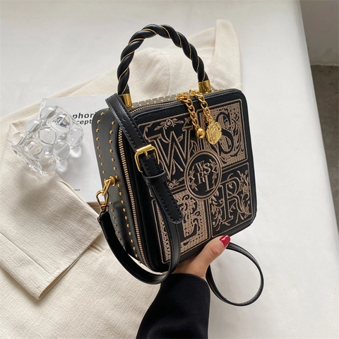 Borsa Box Vintage Da Donna In Pelle PU Ricamo Lettera Borchia Manico Intrecciato Borsa A Mano Tracolla