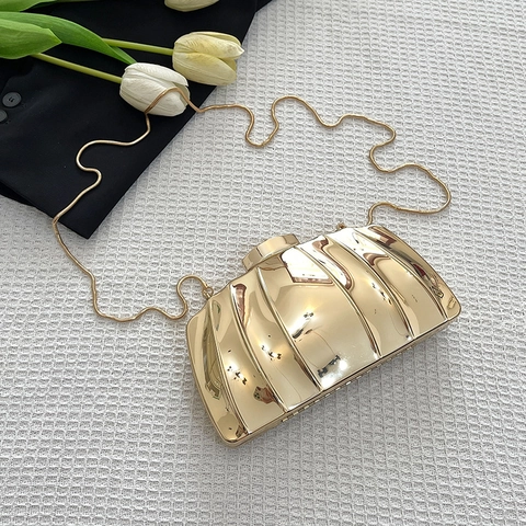 Damen Metall Abendtasche Clutch Glänzend Muschelform Hartschale Box Handtasche Mit Abnehmbarer Kette Luxus Party