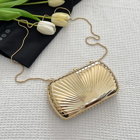 Damen Metall Abendtasche Clutch Glänzend Muschelform Hartschale Box Handtasche Mit Abnehmbarer Kette Luxus Party