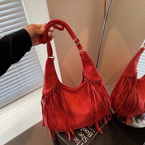 Retro Fransen Hobo Tasche Damen Wildleder PU Große Kapazität Schulter Umhängetasche Bohemian Stil Verstellbarer Riemen