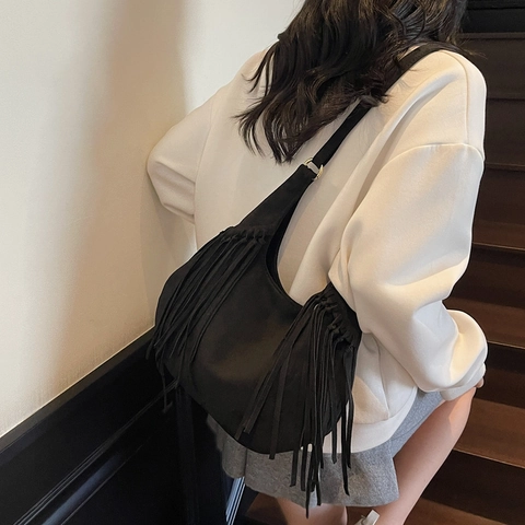 Retro Fransen Hobo Tasche Damen Wildleder PU Große Kapazität Schulter Umhängetasche Bohemian Stil Verstellbarer Riemen