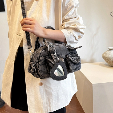 Borsa A Spalla In Denim Retrò Y2K Lavato Con Tasche Multiple Borsa A Mano Con Ciondolo A Specchio A Cuore Borsa A Tracolla Per Donna Streetwear
