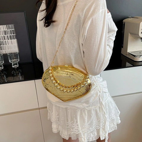 Borsa Da Sera A Forma Di Conchiglia In Acrilico Pochette Con Manico Di Perle E Catena Per Matrimonio Festa Donna