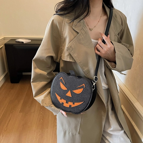 Sac À Bandoulière Citrouille D'Halloween Pour Femmes Rond En Cuir PU Visage De Citrouille Sac À Épaule Fête Style De Rue