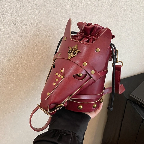 Horse Head Shaped Bucket Bag PU Leather Vintage Gothic Crossbody Purse With Rivets And Fleur De Lis Decor For Women