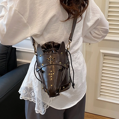 Horse Head Shaped Bucket Bag PU Leather Vintage Gothic Crossbody Purse With Rivets And Fleur De Lis Decor For Women