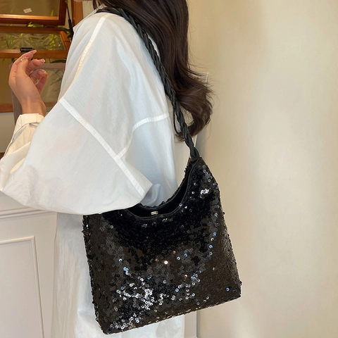 Bolso De Hombro Con Lentejuelas Bolso Hobo Resplandeciente Bolso Metálico Brillante Con Correa Tejida Retorcida Para Fiesta