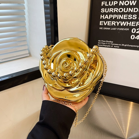 3D Rose Flower Shape Evening Clutch Bag Acrylic Metallic Box Handbag With Artificial Pearl Handle And Metal Chain Strap For Women