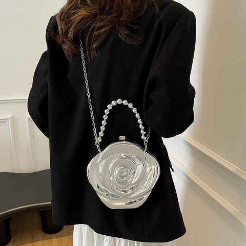 3D Rose Flower Shape Evening Clutch Bag Acrylic Metallic Box Handbag With Artificial Pearl Handle And Metal Chain Strap For Women