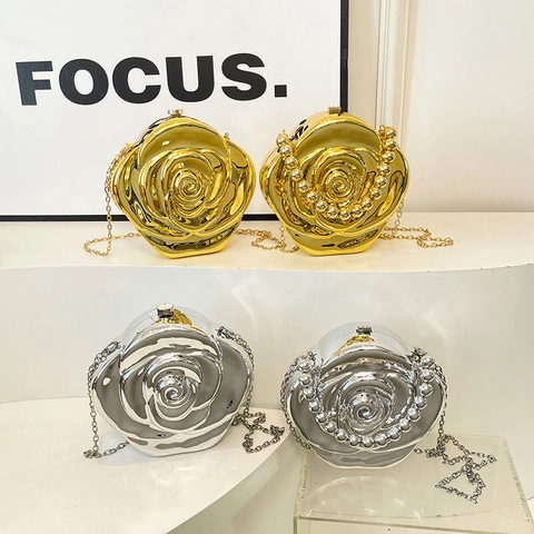 Rose Flower Evening Clutch Bag Acrylic Metal Hard Shell Party Handbag With Chain Strap And Artificial Pearl Handle For Women