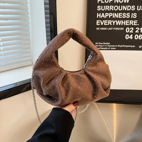 Borsa A Spalla Pieghettata Da Donna Decorazione Strass Rivetto Texture Camoscio Pelle PU Borsa Hobo Con Tracolla A Catena