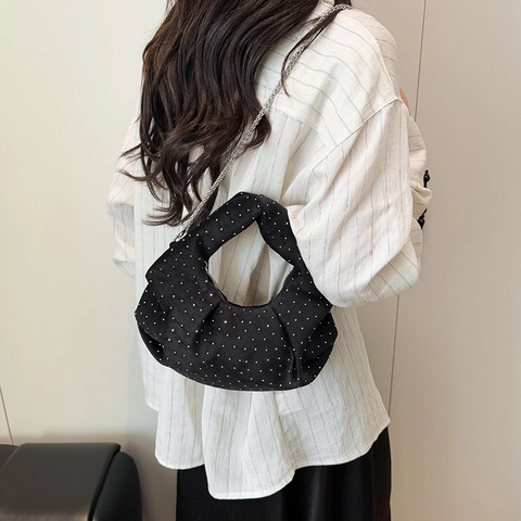 Borsa A Spalla Pieghettata Da Donna Decorazione Strass Rivetto Texture Camoscio Pelle PU Borsa Hobo Con Tracolla A Catena